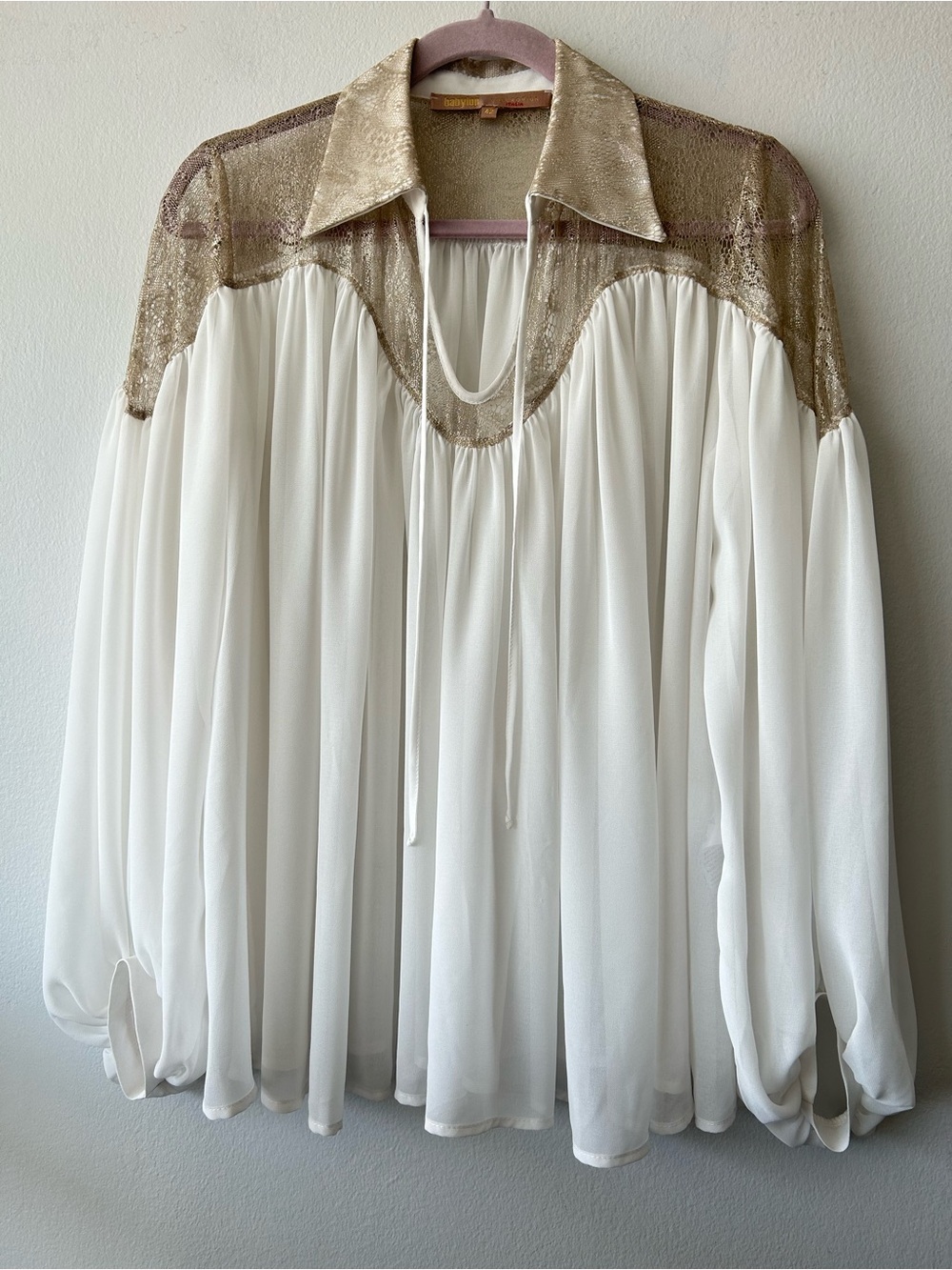 Babylon Collection Sheer Flowy Blouse with lace Champagne Yoke